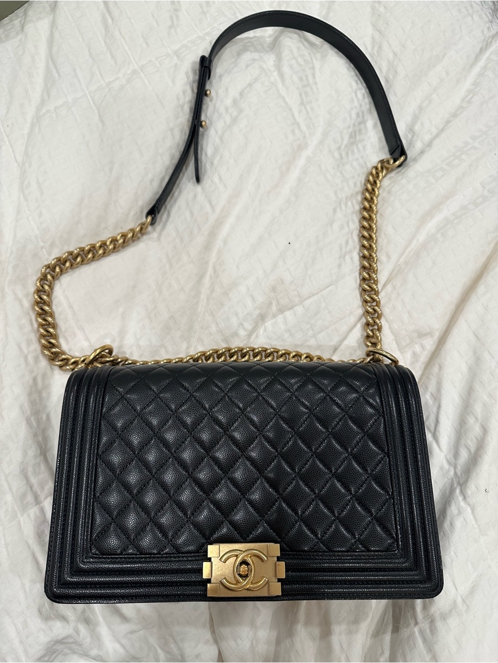 CHANEL Black Quilted Leather Boy Shoulder Bag with Gold Hardware